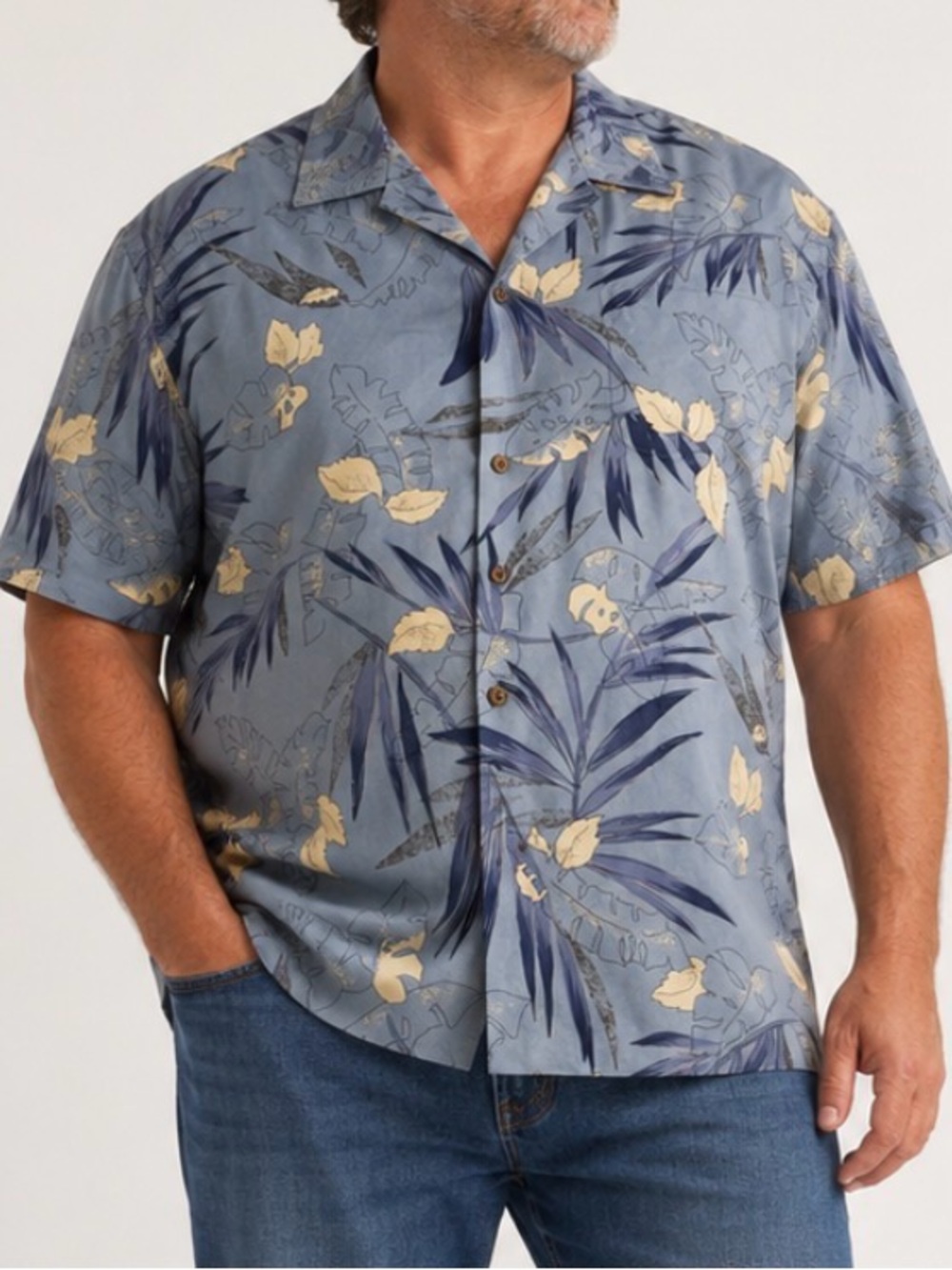 Hilo Hattie Men's Slate Blue Tropical Hawaiian Style Button-Down SS Shirt- 2XL